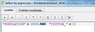 Kahden muuttujan attribuuttikyselyn tulokset. 5.3. Spatiaaliset kyselyt Valitaan kunnat_2016_milj.shp tasolta ne kunnat, jotka sijaitsevat VPD2Rannikkovesi.