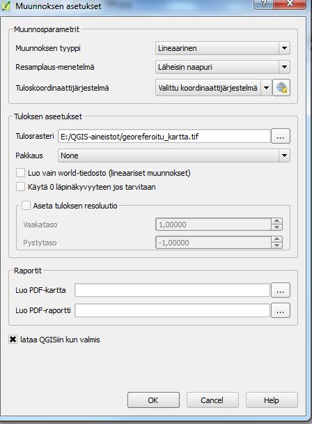 35 8. Muunnoksen tyypiksi voidaan valita tässä tapauksessa Lineaarinen ja Resamplaus-menetelmäksi Läheisin naapuri.
