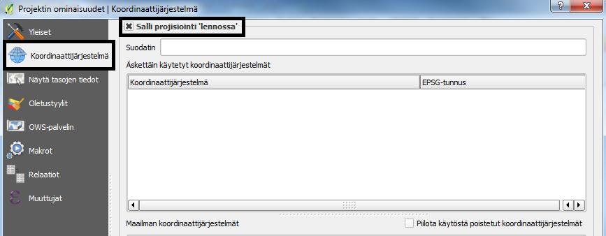 Mikäli aineistolle ei ole valmiiksi määritetty koordinaatistojärjestelmää, niin QGIS asettaa sen automaattisesti WGS 84 koordinaatistoon.