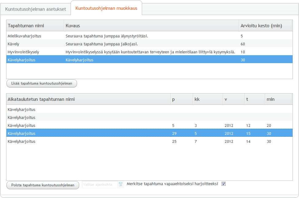 Kuntoutusohjelman tietoja muokattaessa tutkija voi muokata valitun kuntoutusohjelman perustietoja kuvan 3.18 Kuntoutusohjelman asetukset-välilehdellä.