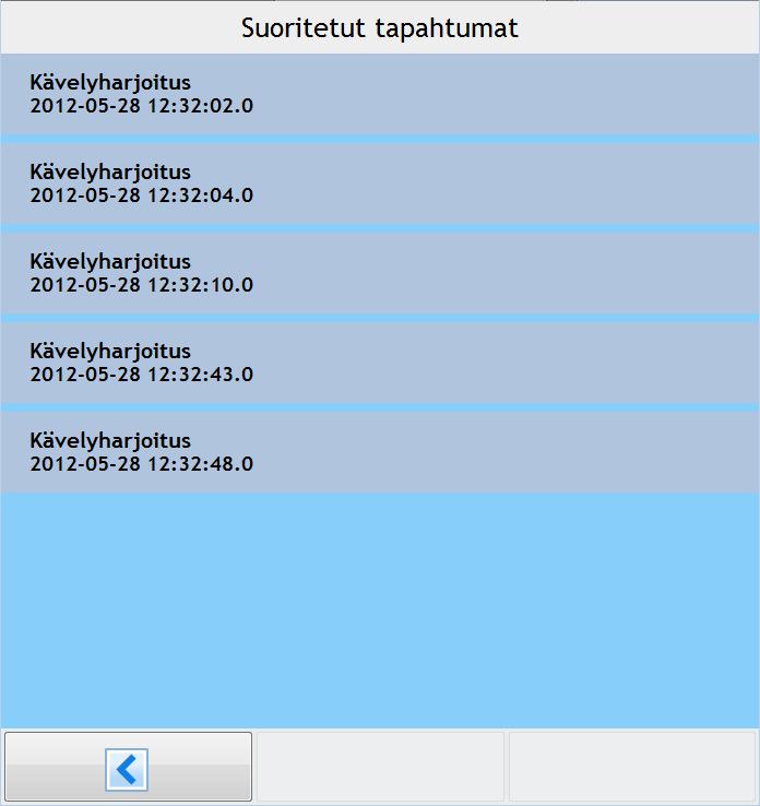 4.5 Edistyminen-näkymä Kuntoutettava pääsee kuvan 4.7 Edistyminen-näkymään luvun 4.4 näkymän kautta. Näkymässä kuntoutettava voi tarkastella suorittamiaan tapahtumia.