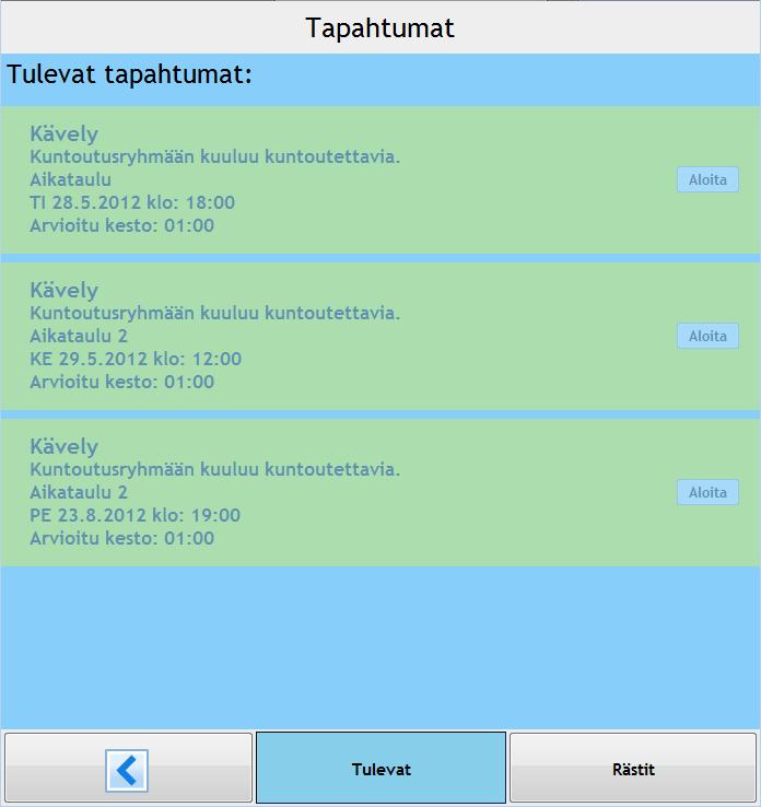 Kuntoutettava voi alareunan vasemmalla painikkeella palata takaisin päävalikkoon.
