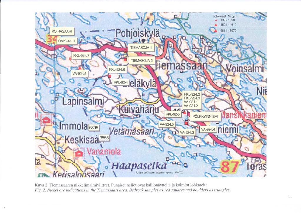 Kuva 2. Tiemassaaren nikkelimalmiviitteet. Punaiset neliöt ovat kallionäytteitä ja kolmiot lohkareita. Fig.