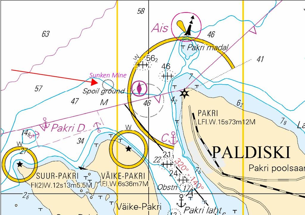 Kartta 952 NtM 26 / 20.09. 2015 Tm/UfS/NtM 23. 20.08.2017 243 /2017 (2017-08-17) Viro. Suomenlahti. Paldiskin LU -puoli. Uponnut miina. Esteet Estland. Finska viken. NV om Paldiski. Sjunken mina.