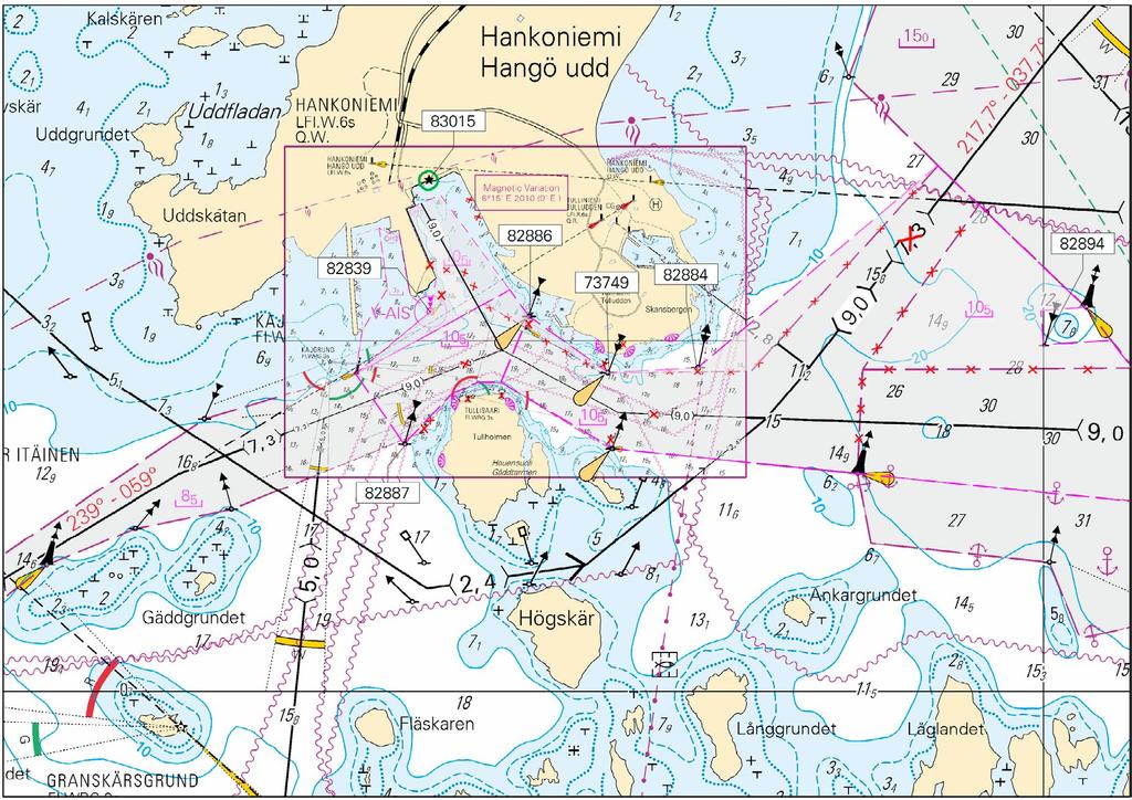 Kuva viitteeksi, karttaotteet ei merikartan mittakaavassa / Bild för referens, kortutdrag inte i sjökortets skala / Image for reference, chart extracts not to scale of chart ( FTA,