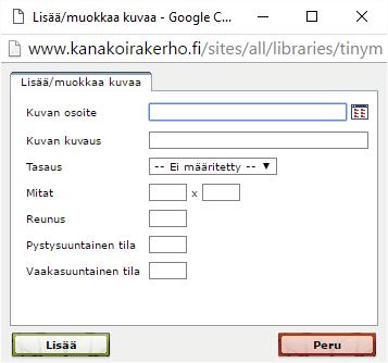 Tiedostoselaimessa voi selata tiedostoja eri kansioista ja alikansioista. Katso luvusta 5 miten kuvia ja muita tiedostoja lisätään palvelimelle eri kansioihin.