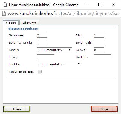 Kanakoirakerho - websivujen ylläpito 7 4.5 Muutosten esikatselu ja tallennus Ikkunassa voi asettaa haluamansa arvot, esim. kuinka monta saraketta ja riviä taulukkoon haluaa.