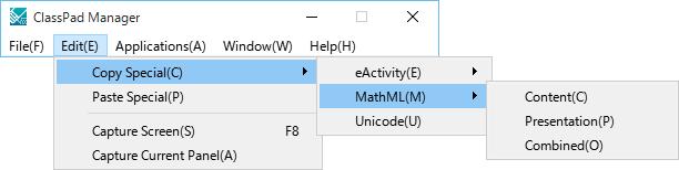 MathML-tietojen luominen ClassPad Manager voit tulostaa Pää-, eactivity- tai muussa sovelluksessa syötettyjä algebralausekkeita ja tekstiä MathML-tiedostona (.mml).