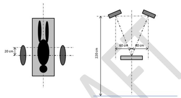 40 KUVA 10. Leikkaussalivalaisimien sijoitus /25, s. 18/ Vaiheet suojatun alueen ilmanjakojärjestelmän (laminaarinen ilmanjako) suorituskykytesteihin /26, s.