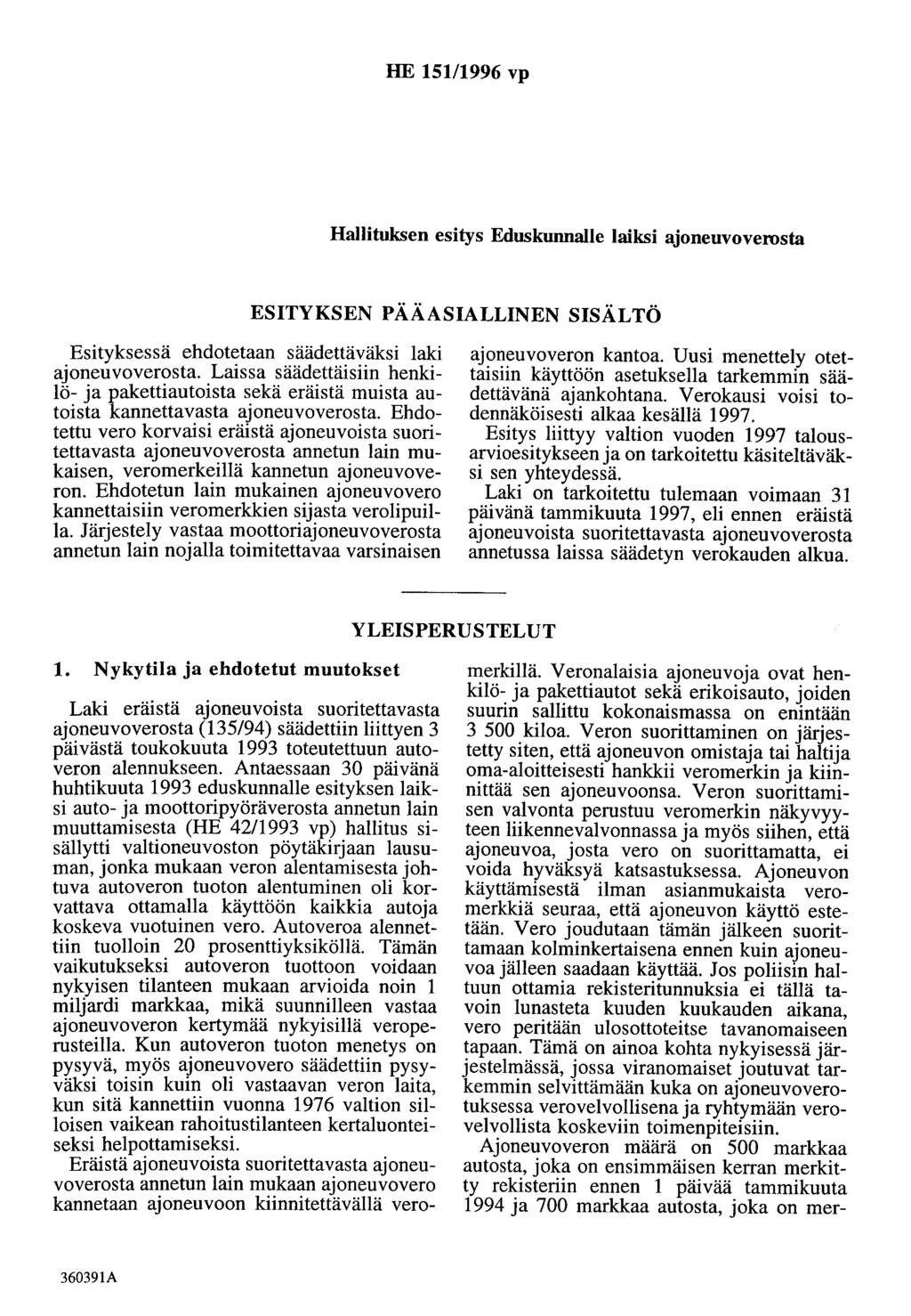 HE 15111996 vp Hallituksen esitys Eduskunnalle laiksi ajoneuvoverosta ESITYKSEN PÄÄASIALLINEN SISÄLTÖ Esityksessä ehdotetaan säädettäväksi laki ajoneuvoverosta.