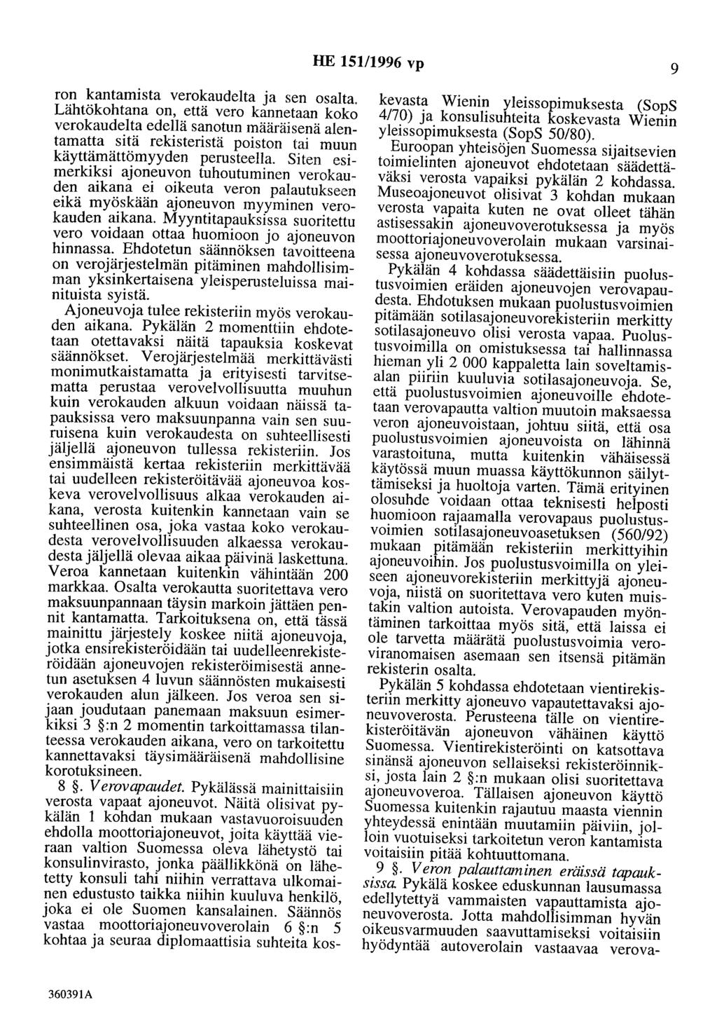 HE 15111996 vp 9 ron kantamista verokaudelta ja sen osalta.