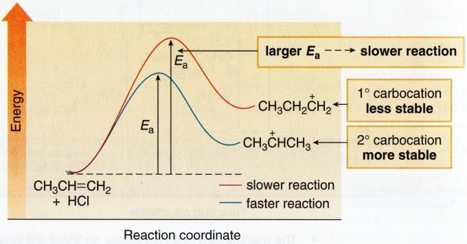 Markovnikovin sääntö, epävakaamman karbokationin aktivoitumisenergia on suurempi kuin vakaamman. Hiiliketju pystyy paremmin stabiloimaan osit. pos.