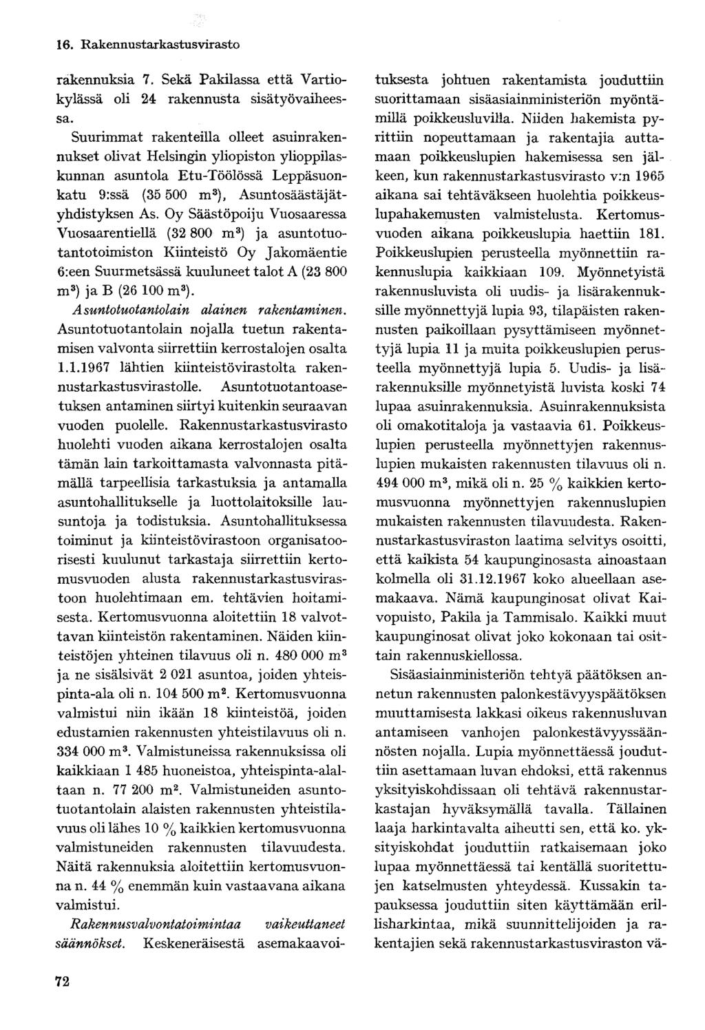 16. Rakennustarkastusvirasto rakennuksia 7. Sekä Pakilassa että Vartiokylässä oli 24 rakennusta sisätyövaiheessa.