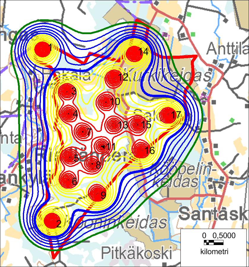 5 Tulokset Melun leviäminen esitetään karttakuvana 2, johon on merkitty melutasojen 35, 40, 45 ja 50 db tasa-arvokäyrät. Nämä ovat tulosten arvioinnissa käytettäviä ohjeellisia melutasoja.