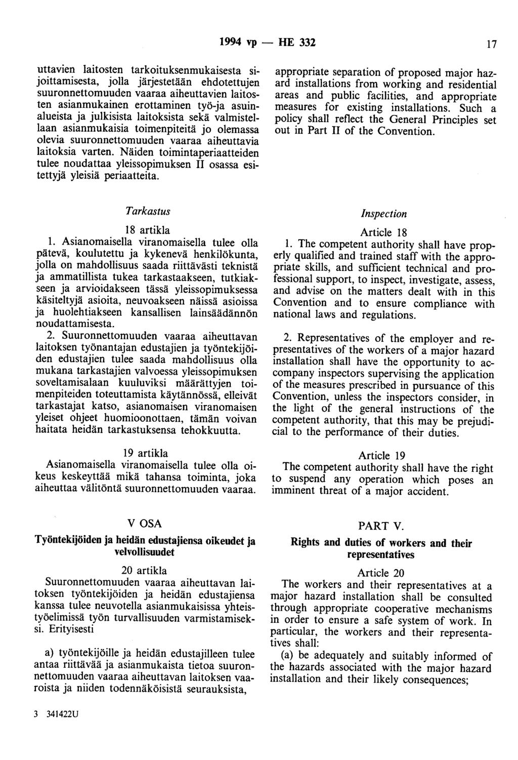 1994 vp - HE 332 17 uttavien laitosten tarkoituksenmukaisesta sijoittamisesta, jolla järjestetään ehdotettujen suuronnettomuuden vaaraa aiheuttavien laitosten asianmukainen erottaminen työ-ja
