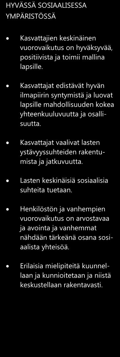 Lasten leikin kehitysvaiheet on otettu huomioon leikkiympäristössä. Lapsen osallisuus sekä suunnitteluun että arviointiin mahdollistuu.