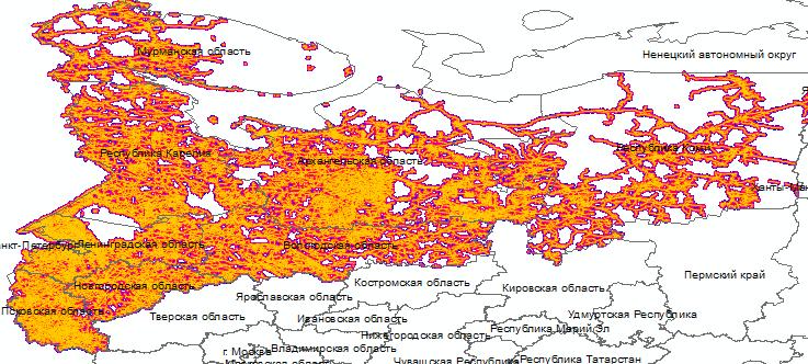 Saavutettavissa olevat metsäalueet Luoteis-Venäjällä (max.