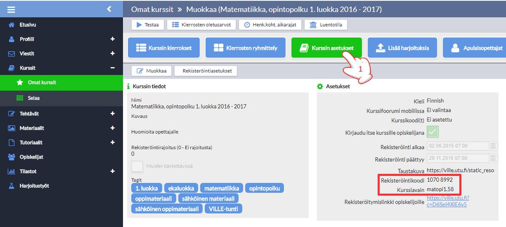 C. Opettaja saa uuden luokan, oppilailla on jo tunnukset ViLLEen Jokaisella kurssilla on rekisteröintikoodi ja kurssiavain, jotka antamalla oppilaille he voivat liittyä