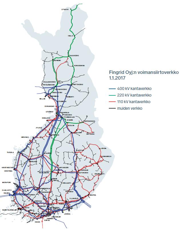 3 Kuva 2. Suomen kantaverkko (Fingrid Oyj 2017a, 9). Suomessa sähköä kantaverkkoon tuottaa noin 400 voimalaitosta, joista yli puolet on vesivoimalaitoksia.