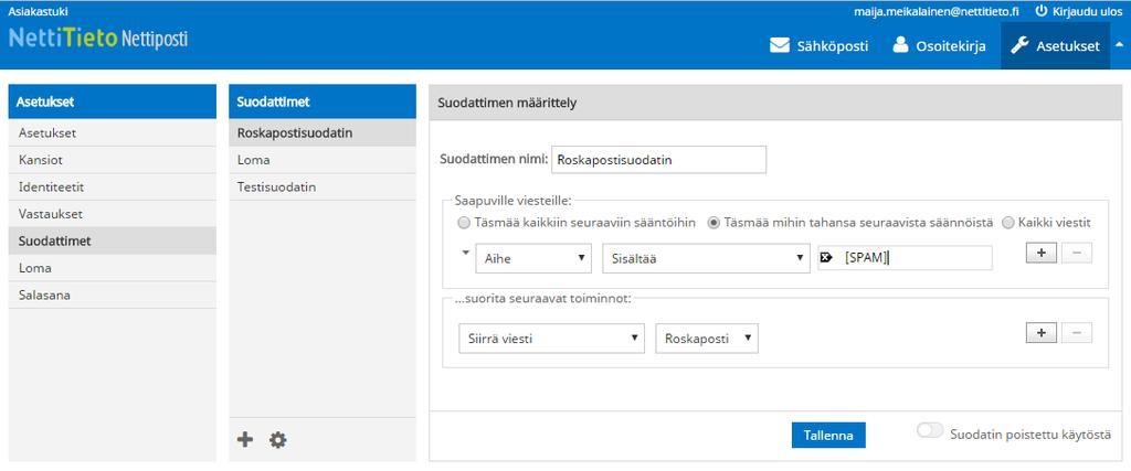 sähköpostiosoitteista tulevia sähköpostiviestejä. Suodatinsäännöillä voidaan myös ohjata sähköposti toiseen osoitteeseen ja tallentaa poissaoloviesti. 10.