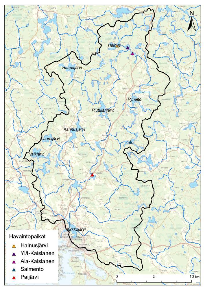 Kuva 1. Havaintopaikat Vehkajoki vesistöalue.