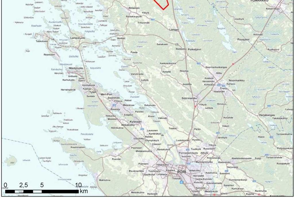 Suunnittelualue on laajuudeltaan 8 km 2 ja se sijaitsee Porin kaupungissa, noin 25 km Porin keskustasta pohjoiseen ja 2,5 km Ahlaisten kirkonkylästä koilliseen (Kuva 1-1).