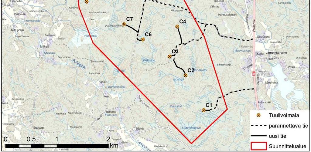Kunkin tuulivoimalan nimellisteho on 3-5 MW. Suunnitellut voimalat ovat napakorkeudeltaan korkeintaan noin 125 metriä.