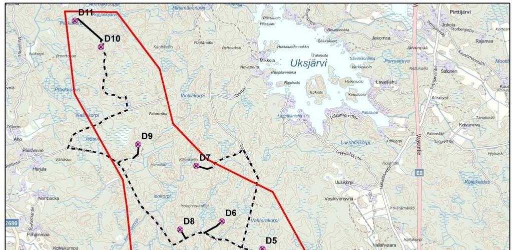 Kuva 4-4. Vaihtoehdon 4 mukainen alustava tuulivoimaloiden sijoitussuunnitelma. Vaihtoehtojen yhteydessä voidaan tarkastella alavaihtoehtoina suppeampia suunnitteluvaihtoehtoja. 4.2 Sähkönsiirron vaihtoehdot Ahlaisten Lammin tuulivoimapuiston sähkönsiirtoa varten toteutetaan uusi voimajohtolinja.