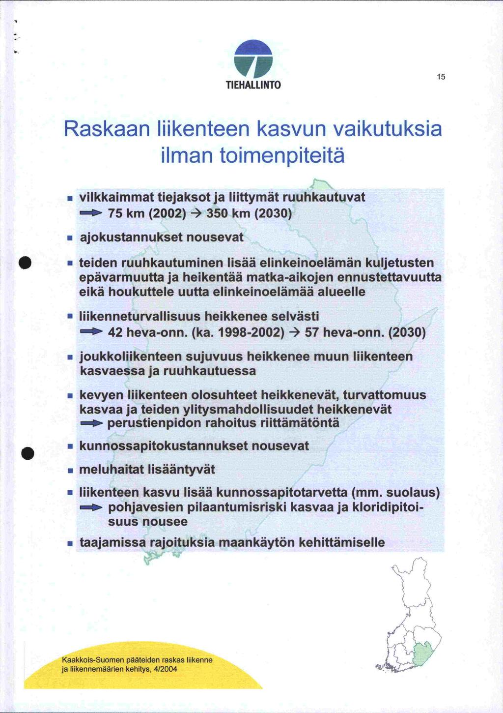 kasvaa 'VP TI EHALLI NIO 15 Raskaan liikenteen kasvun vaikutuksia ilman toimenpiteitä vilkkaimmat tiejaksot ja liittymät ruuhkautuvat 75 km (22) - 35 km (23) ajokustannukset nousevat teiden