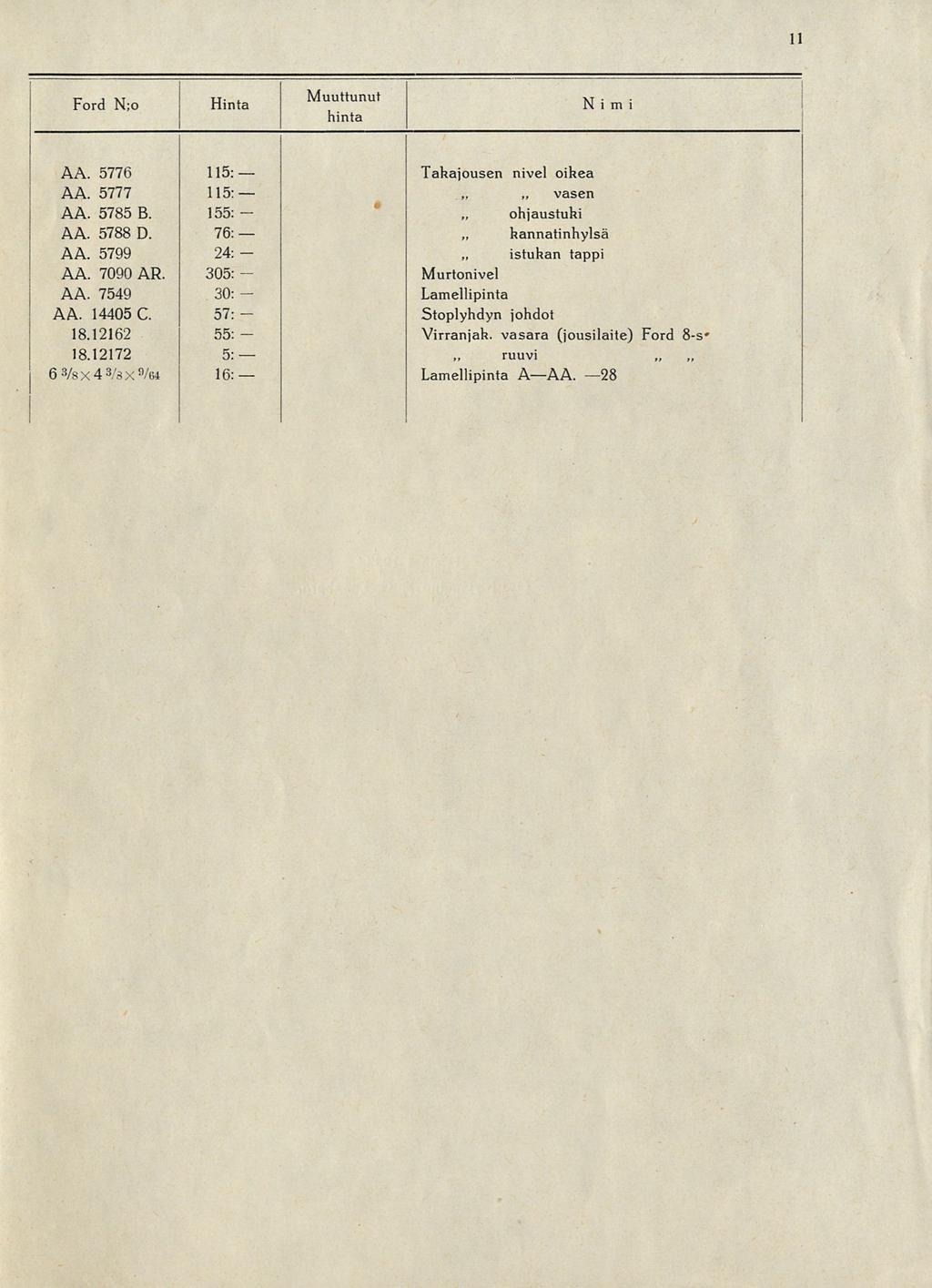 I 11 Ford N;o A 5776 A 5777 A 5785 B. A 5788 D. A 5799 A 7090 AR. A 7549 A 14405 C. 18.12162 18.