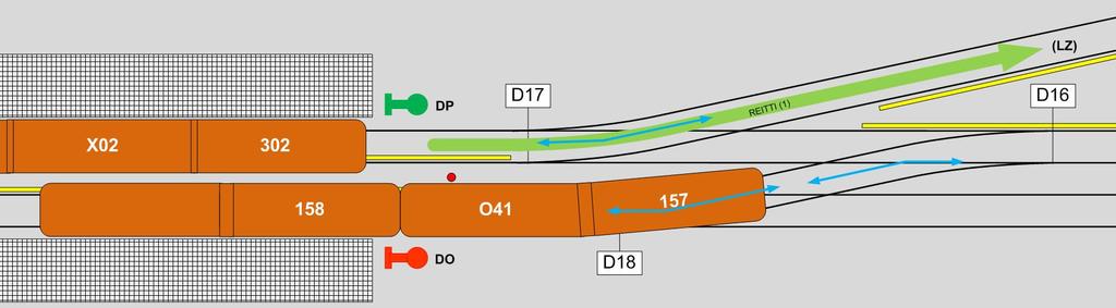 Kuva 21. Ilman käyttöliittymässä olevaa vikaa kulkutie DP-LZ olisi toteutunut yläkautta. Punainen piste kuvassa on vaihteen rajamerkki.