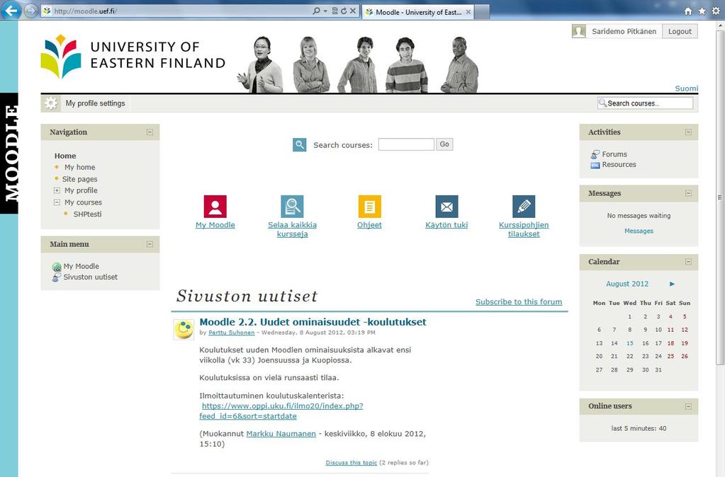 Moodlen etusivu kirjautumisen jälkeen Kurssille