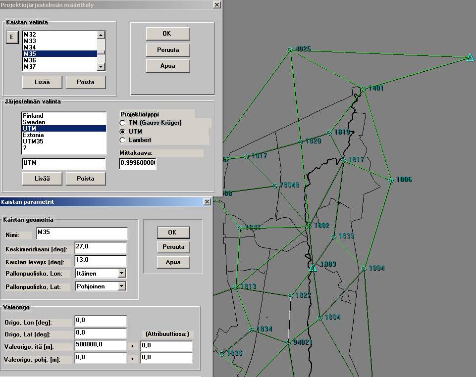 40 Origojen siirrot GK24 vvj -järjestelmien välillä ovat seuraavat: Origon siirto x-akselilla = 141.773 m Origon siirto y-akselilla = 92.700 m 6.2.2 TM35-FIN Tasokoordinaattien projisointi TM35-FIN-järjestelmään voidaan tehdä XP-Global -ohjelmaa käyttäen kuten GK24-järjestelmäänkin.