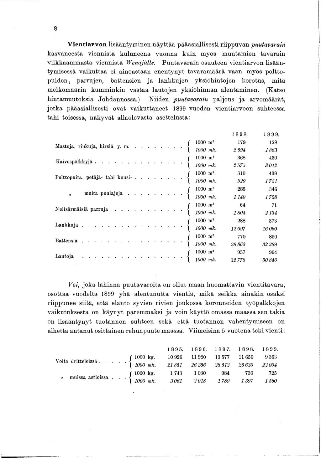 8 V ien tia rv o n lisääntym inen n äy ttää pääasiallisesti riippuvan puutavarain kasvaneesta viennistä kuluneena vuonna kuin myös m uutam ien tavarain vilkkaam m asta viennistä Wenäjälle.