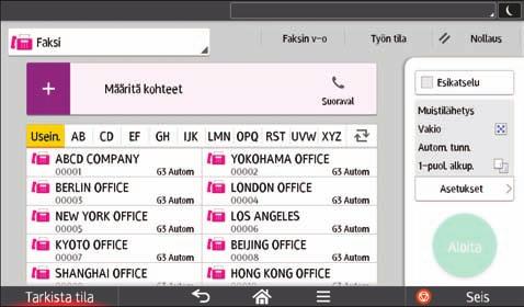 Kunkin sovelluksen käyttö [Faksi]-näyttö 1 2 3 4 5 6 14 13 7 8 9 10 12 11 DLV048 Nro Kuvake Kuvaus 1 Voit valita lähetystyypin kohteista. 2 3 Valittu kohde näkyy tässä.
