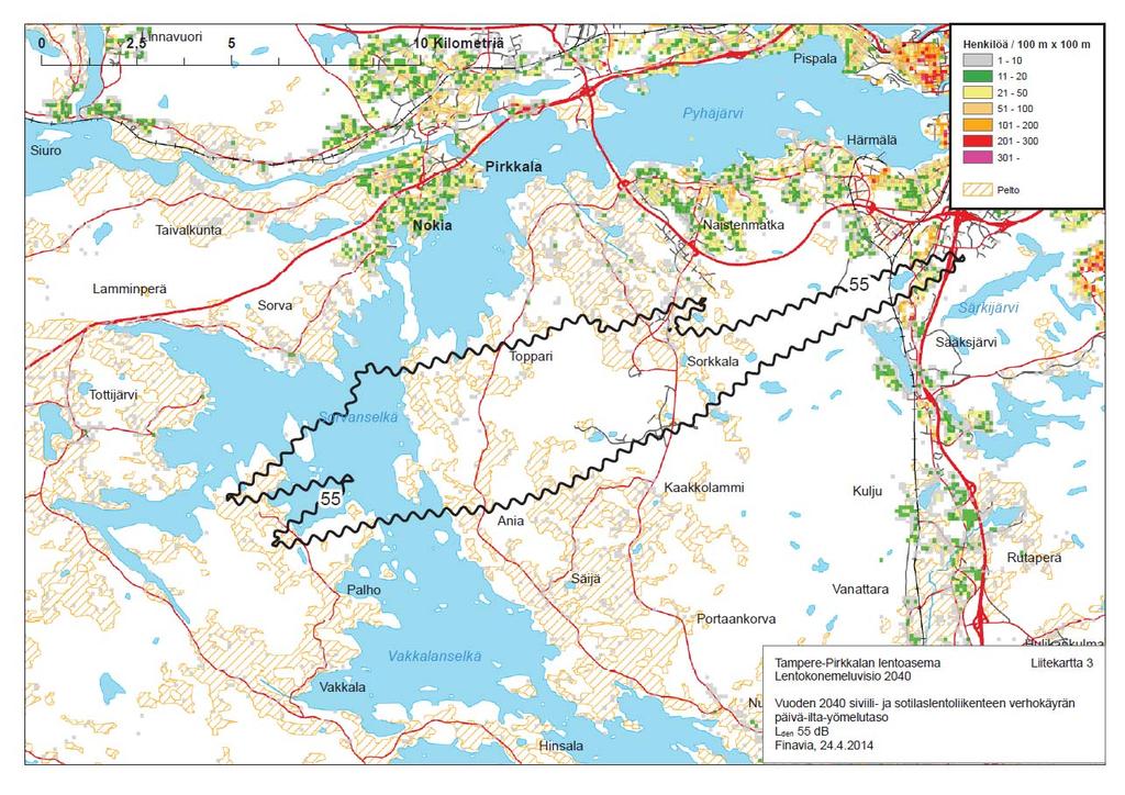 1-4 Lasketulla tunnusluvulla Lden kuvataan eri vuorokauden aikaista melun häiritsevyyttä yhdellä luvulla vuosikeskiarvona ja voidaan esittää alue, jolla ilmoitettu arvo alittuu tai ylittyy.