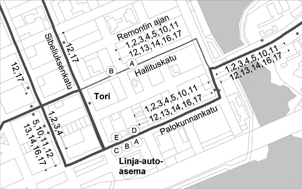 Hämeenlinnan linja-autoasema Palokunnankatu Pysäkki A: linjat 4, 5, 10, 11 Pysäkki B: linjat 2, 14, 16, 17 Pysäkki C: linjat 1, 3, 12, 13 Pysäkki D: linjat 1, 2, 3, 4, 11, 12 Pysäkki E: linjat 5, 10,