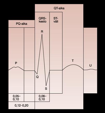 näkyy EKG käyrässä aaltoina eli perusviivalta ylös ja alapäin suuntautuvina heilahduksina, jotka on nimetty