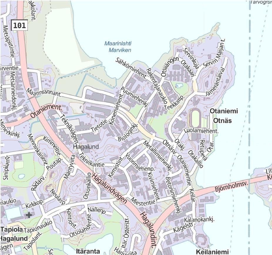 8 / 44 3. LIIKENTEEN VERKKOVAIHTOEHDOT 3.1 Yleistä Otaniemi sijaitsee Espoon itäosassa, Kehä I:n ja Karhusaarentien kulmassa.