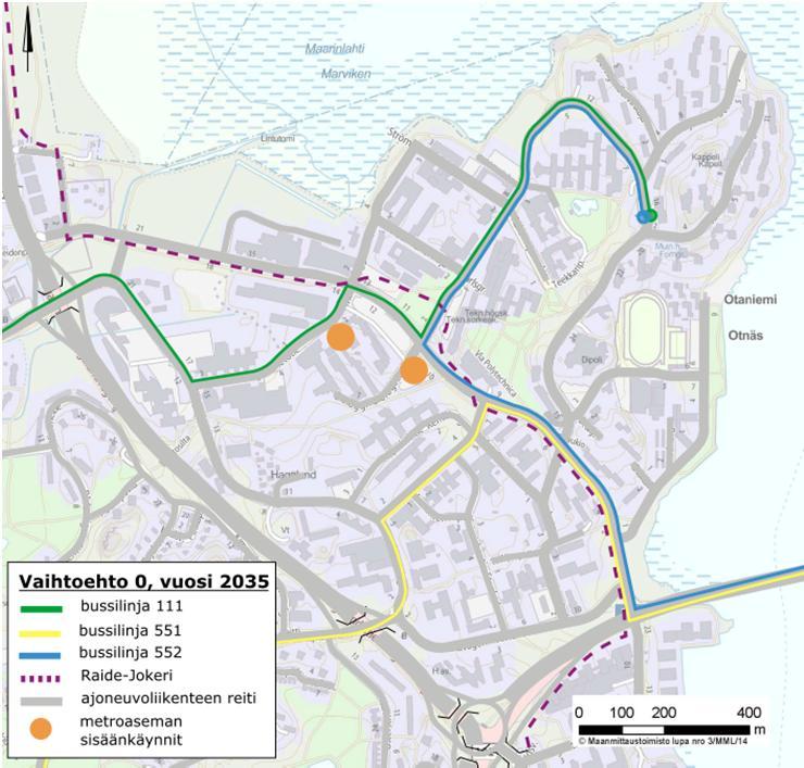 24 / 44 Munkkiniemen suuntaan kulkevat linjat 551 ja 552, Helsingin keskustaan ja Lauttasaareen liikennöi metro.