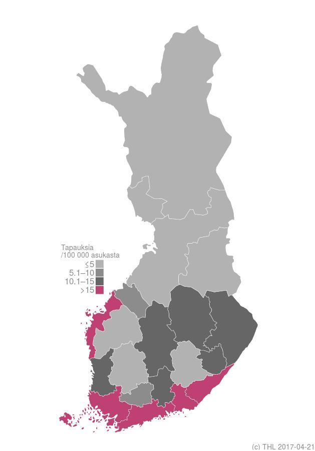 Kuva. Borrelioositapaukset sairaanhoitopiireittäin 26, tapauksia / asukasta. Lähde: Borrelian esiintyvyys 26, THL.