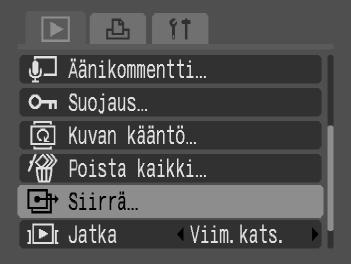 { Siirrettävien kuvien määrittäminen (DPOF) Siirrettävät kuvat voidaan määrittää [DPOF kuvat] -toiminnolla (s. 108). Määritystavat ovat DPOF-standardien mukaisia.