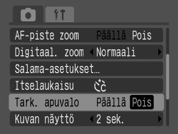 Kuvaustoimintojen muuttaminen Tarkennuksen apuvalon poistaminen käytöstä Jos kamera ei tarkenna toivotulla tavalla painaessasi laukaisimen puoleenväliin, tarkennuksen apuvalo syttyy automaattisesti