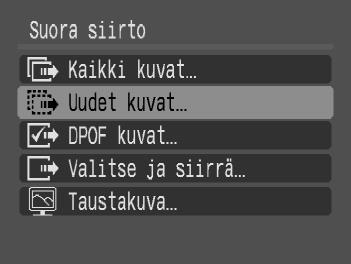 Kuvien siirtäminen tietokoneeseen Kuvien siirtäminen kameran avulla Valitse [Uudet kuvat]. Valitse [Uudet kuvat] op-painikkeilla. Jos vasemmalla näkyvä näyttö ei aukea, paina -painiketta.