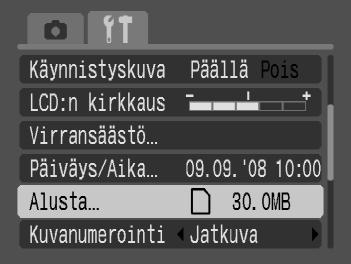 Muistikorttien alustaminen Ennen kuin käytät uutta muistikorttia tai toisessa laitteessa käytettyä muistikorttia, alusta se tässä kamerassa. Kun muistikortti alustetaan, sen kaikki tiedot poistetaan.