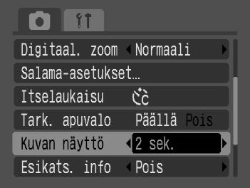 Voit säätää, miten pitkään kuva näkyy näytössä. Avaa valikko. Paina -painiketta. Valitse [Kuvan näyttö]. Valitse 4-välilehti qr-painikkeilla.