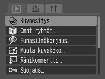 . Kuvaesitysten näyttäminen Muistikorttiin tallennetut kuvat voidaan toistaa automaattisesti. Kukin kuva näytetään noin 3 sekunnin ajan. Valitse [Kuvaesitys]. Paina -painiketta ja valitse 1-välilehti.