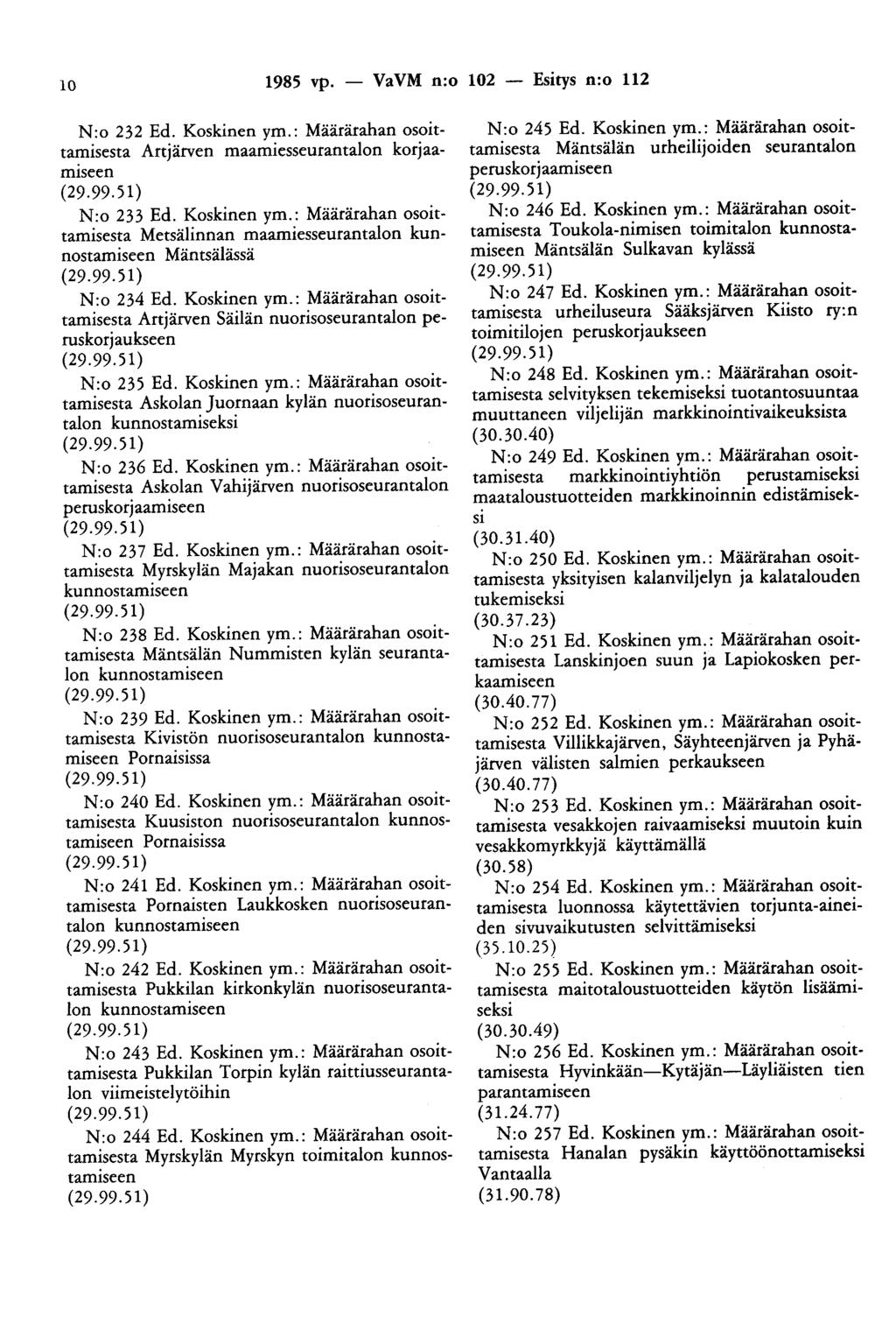 10 1985 vp. - VaVM n:o 102 - Esitys n:o 112 N:o 232 Ed. Koskinen ym.: Määrärahan osoitt~isesta Artjärven maamiesseurantalon korjaamiseen (29.99.51) N:o 233 Ed. Koskinen ym.: Määrärahan osoittamisesta Metsälinnan maamiesseurantalon kunnostamiseen Mäntsälässä (29.