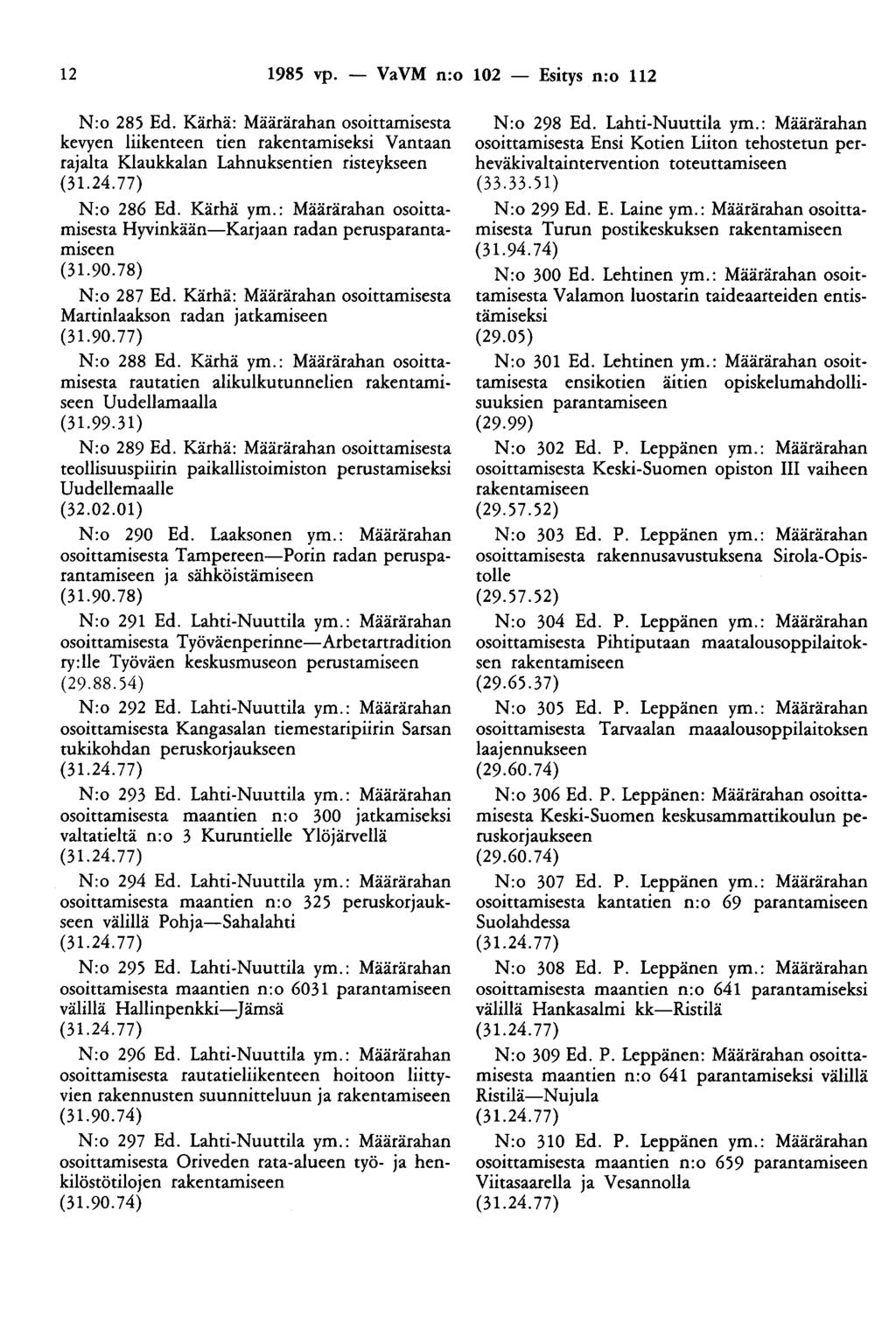 12 1985 vp. - VaVM n:o 102 - Esitys n:o 112 N:o 285 Ed. Kärhä: Määrärahan osoittamisesta kevyen liikenteen tien rakentamiseksi Vantaan rajalta Klaukkalan Lahnuksentien risteykseen N:o 286 Ed.
