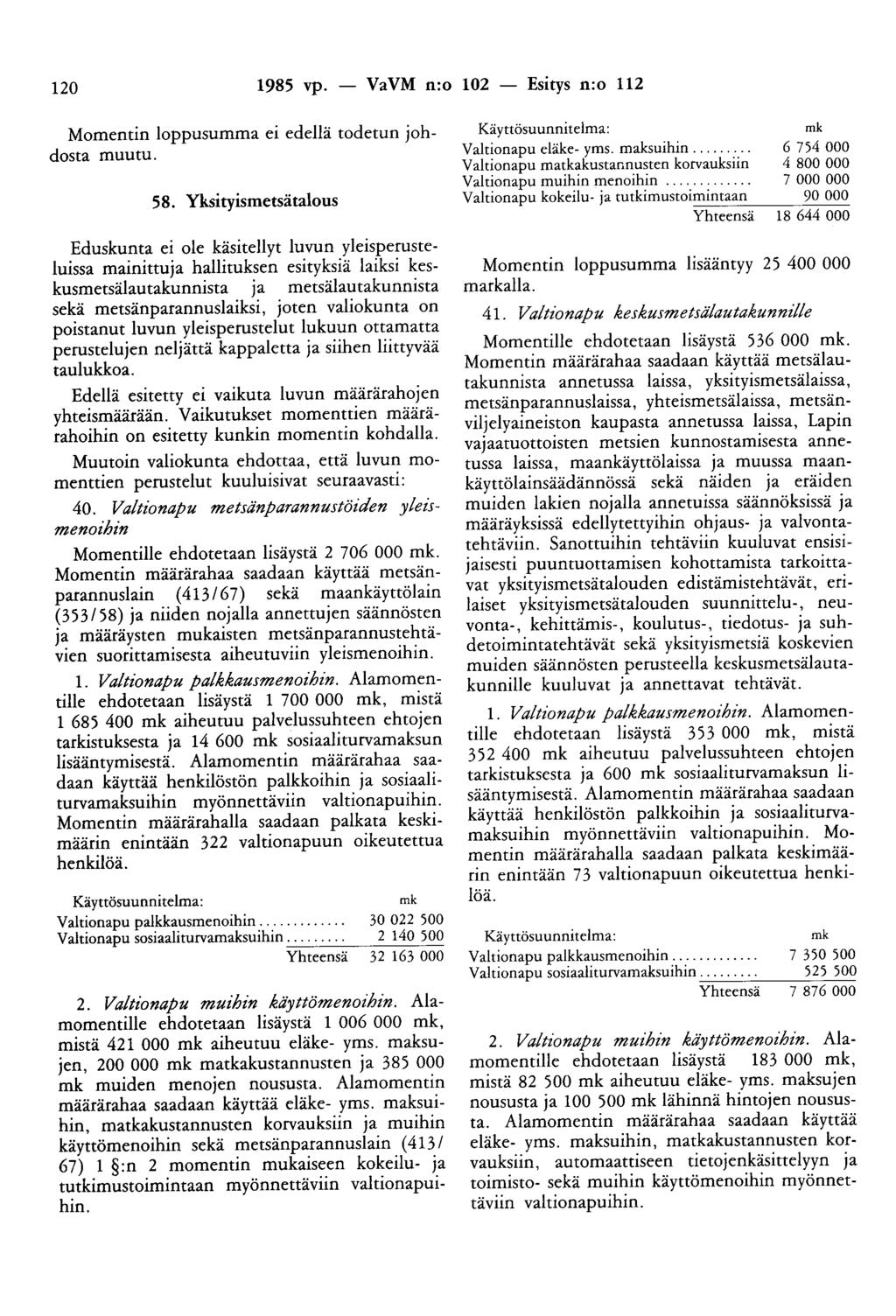 120 1985 vp. - VaVM n:o 102 - Esitys n:o 112 Momentin loppusumma ei edellä todetun johdosta muutu. 58.